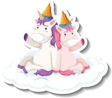 lindos unicornios sentados en la nube pegatina de dibujos animados vector