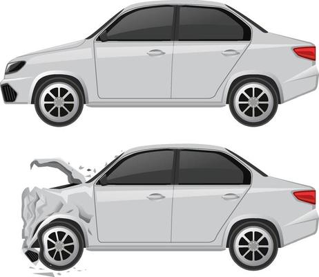 White sedan car and wrecked car on white background