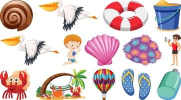 Set of summer beach objects and cartoon characters vector