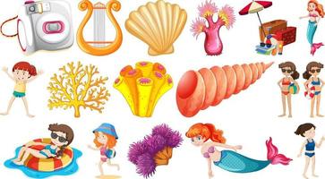 Set of summer beach objects and cartoon characters vector