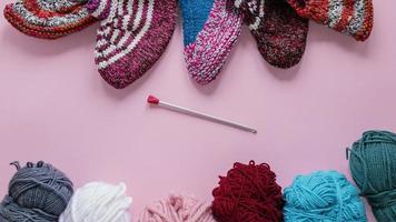 top view knitting needles wool photo
