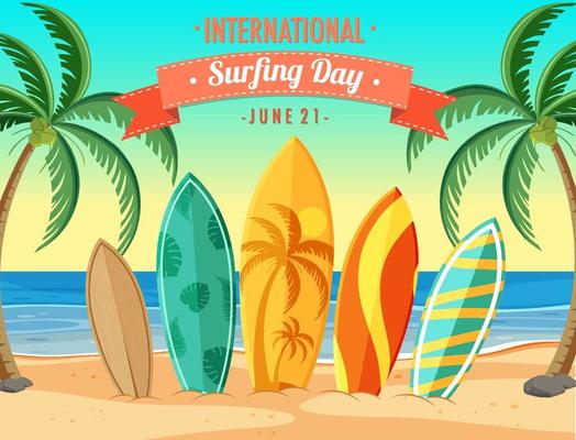 International Surfing Day banner with many surfboards on the beach