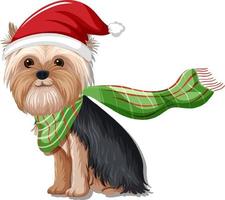 perro yorkshire terrier con sombrero de navidad personaje de dibujos animados vector