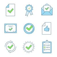 Approve color icons set. Document verification, award medal, email confirmation, certificate, check mark, review, checking process, quality badge, task planning. Isolated vector illustrations