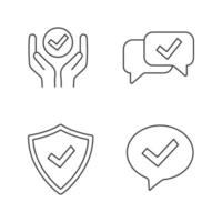 Approve linear icons set. Verification and validation. Quality service, approved chat, confirmation dialog, shield with check mark. Isolated vector outline illustrations. Editable stroke