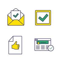 Approve color icons set. Verification and validation. Email confirmation, checkbox, approval document, approved website. Isolated vector illustrations