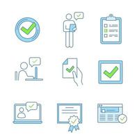 Approve color icons set. Check mark, manager, checklist, approved chat, contract signing, checkbox, certificate, browser verification, chatbot. Isolated vector illustrations