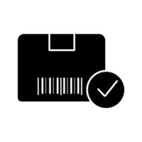 Approved delivery glyph icon. Successful package receipt. Verification parcel barcode. Silhouette symbol. Parcel tracking. Quality delivery service. Negative space. Vector isolated illustration