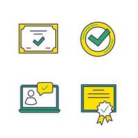 Approve color icons set. Verification and validation. Chat approved, certificate, check mark. Isolated vector illustrations