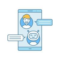 Support chatbot color icon. Messenger bot. Modern robot. Virtual assistant. Chat bot. Man chatting with bot on smartphone. Isolated vector illustration