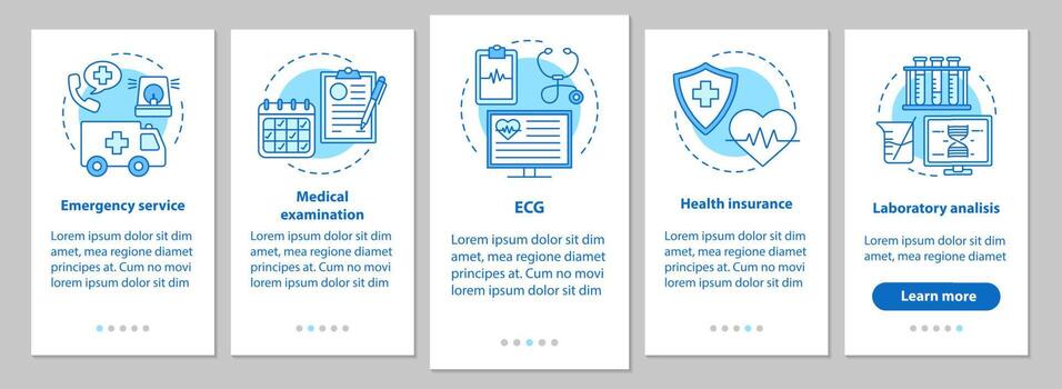 Medicine and healthcare onboarding mobile app page screen with linear concepts. Ambulance, examination, ECG, health insurance, lab analysis steps graphic instructions. UX, UI, GUI vector illustrations