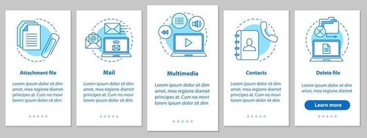 Pantalla de página de aplicación móvil de incorporación de software digital con conceptos lineales. archivo adjunto, correo, multimedia, contactos, eliminación de archivos, pasos, instrucciones gráficas. ux, ui, gui ilustraciones vectoriales vector