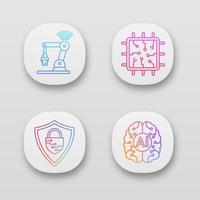 Artificial intelligence app icons set. UI UX user interface. AI. IoT robot, chip, cybersecurity, digital brain. Web or mobile applications. Vector isolated illustrations