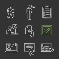 Approve chalk icons set. Award medal, manager, checklist, approved chat, contract signing, checkbox, certificate, browser verification, chatbot. Isolated vector chalkboard illustrations