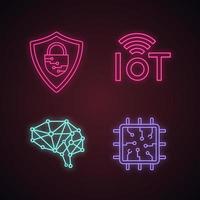 Artificial intelligence neon light icons set. AI. Cybersecurity, internet of things, neural network, chip. Glowing signs. Vector isolated illustrations