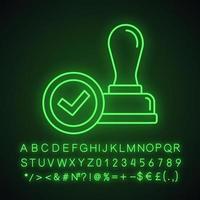Stamp approved neon light icon. Stamp of approval. Verification and validation. Certified, approved. Glowing sign with alphabet, numbers and symbols. Vector isolated illustration