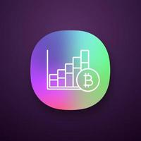 Bitcoin market growth chart app icon. UI UX user interface. Cryptocurrency prices rising. Statistics diagram with bitcoin sign. Web or mobile application. Vector isolated illustration