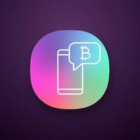 Bitcoin chat app icon. UI UX user interface. Web or mobile application. Cryptocurrency forum. Smartphone with bitcoin sign inside speech bubble. Crypto currency news. Vector isolated illustration