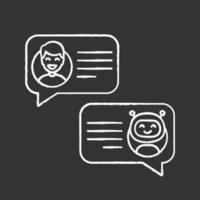 Support chatbot chalk icon. Talkbot. Online virtual assistant. Chat bot. Modern robot. Man chatting with messenger bot. Isolated vector chalkboard illustration