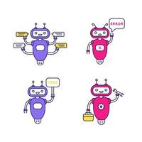 Chatbots color icons set. Talkbots. Virtual assistants. Support service, free, error, repair chat bots. Modern robots. Isolated vector illustrations