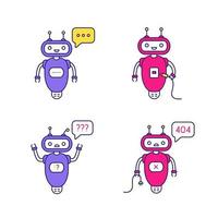 Conjunto de iconos de colores de chatbots. talkbots. asistentes virtuales. escribiendo, usb, pregunta, bots de chat no encontrados. robots modernos. ilustraciones vectoriales aisladas vector