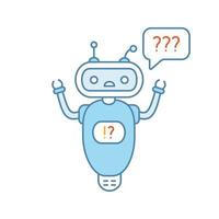 Help chatbot color icon. FAQ chat bot. Bewildered robot with question marks in speech bubble. Isolated vector illustration