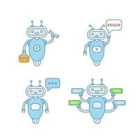 Chatbots color icons set. Talkbots. Virtual assistants. Support service, typing, error, repair chat bots. Modern robots. Isolated vector illustrations