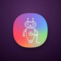 Chatbot with USB cable app icon. UI UX user interface. Talkbot with USB slot plugs to cable. Modern robot. Virtual assistant. Online helper. Web or mobile application. Vector isolated illustration