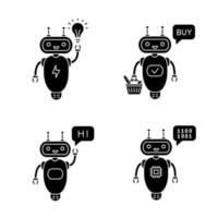 Chatbots glyph icons set. Talkbots. Virtual assistants. New idea, buy, hi, code chat bots. Modern robots. Silhouette symbols. Vector isolated illustration