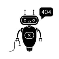 Not found error chatbot glyph icon. Silhouette symbol. Talkbot with error 404 in chat box. Website error page online assistant. Modern robot. Negative space. Vector isolated illustration