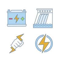 Conjunto de iconos de colores de energía eléctrica. acumulador, presa hidroeléctrica, puño de poder, rayo. ilustraciones vectoriales aisladas vector