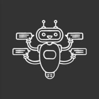 Chatbot with four speech bubbles chalk icon. Talkbot chatting to several users. Customer support service. Modern robot. Isolated vector chalkboard illustration