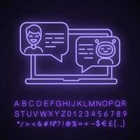 Support chatbot neon light icon. Messenger bot. Virtual assistant. Modern robot. Man chatting with bot on laptop. Glowing sign with alphabet, numbers and symbols. Vector isolated illustration