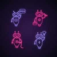 Chatbots neon light icons set. Talkbots. Virtual assistants. Error, repair, USB, new idea chat bots. Modern robots. Glowing signs. Vector isolated illustrations