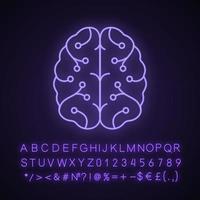 AI neon light icon. Digital brain. Artificial intelligence. Neurotechnology. Neural network. Machine learning. Glowing sign with alphabet, numbers and symbols. Vector isolated illustration