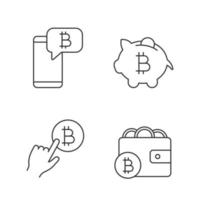 Bitcoin cryptocurrency linear icons set. Bitcoin chat, piggy bank, cryptocurrency payment click, digital wallet. Thin line contour symbols. Isolated vector outline illustrations. Editable stroke