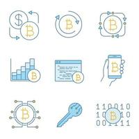Bitcoin cryptocurrency color icons set. Bitcoin exchange, fintech, market growth chart, mining software, digital wallet, key, binary code. Isolated vector illustrations