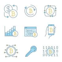 Bitcoin cryptocurrency color icons set. Bitcoin exchange, fintech, market growth chart, mining software, digital wallet, key, binary code. Isolated vector illustrations