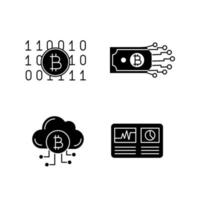 Bitcoin cryptocurrency glyph icons set. Binary code, digital money, cloud mining, hashrate. Silhouette symbols. Vector isolated illustration