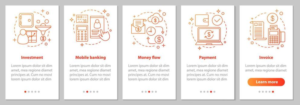 Banking onboarding mobile app page screen with linear concepts. Financial services. Money flow, payment, investment, mobile banking, invoice steps instructions. UX, UI, GUI vector illustrations