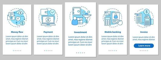 Banking onboarding mobile app page screen with linear concepts. Financial services. Money flow, payment, investment, mobile banking, invoice steps instructions. UX, UI, GUI vector illustrations