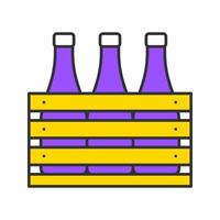 Beer case color icon. Wine or champagne bottles in wooden crate. Milk bottles in wooden box. Isolated vector illustration