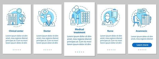 Medicine and healthcare onboarding mobile app page screen with linear concepts. Doctor, nurse, clinic, treatment, anamnesis. Medical service steps graphic instructions. UX, UI, GUI vector illustration