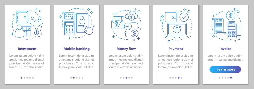 Banking onboarding mobile app page screen with linear concepts. Financial services. Money flow, payment, investment, mobile banking, invoice steps instructions. UX, UI, GUI vector illustrations