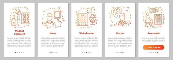 pantalla de la página de la aplicación móvil de incorporación de medicina y atención médica con conceptos lineales. médico, enfermera, clínica, tratamiento, anamnesis. Instrucciones gráficas de pasos de servicio médico. ux, ui, gui ilustración vectorial vector