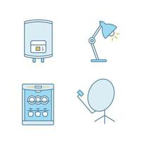 Household appliance color icons set. Electric water heater, table lamp, dishwasher, satellite dish. Isolated vector illustrations