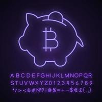 Bitcoin deposit neon light icon. Penny piggy bank with bitcoin. Cryptocurrency mining. Glowing sign with alphabet, numbers and symbols. Saving digital money. Vector isolated illustration