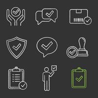 Approve chalk icons set. Quality service, approved chat, delivery, security, dialog, stamp, task planning, voter, clipboard with checkmark. Isolated vector chalkboard illustrations