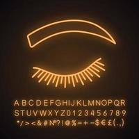 Rounded eyebrow shape neon light icon. Arched eyebrows. Brows shaping by tattooing. Closed woman eye. Glowing sign with alphabet, numbers and symbols. Vector isolated illustration