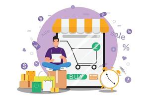 Happy man shopping online from the tablet and paying with a credit card. Shopping with big discounts. Bargain hunter. vector